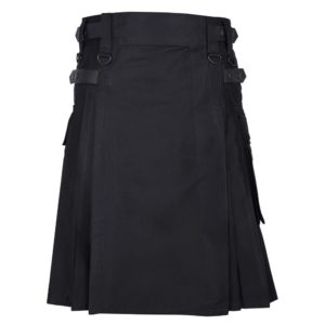 Men's Black Cotton Utility Kilt with Genuine Leather Straps & Cargo Pockets