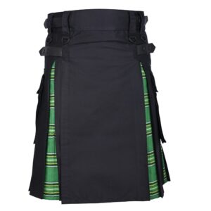 Men's Hybrid Black Cotton & Irish National Green Tartan Kilt With Leather Straps & Cargo Pockets