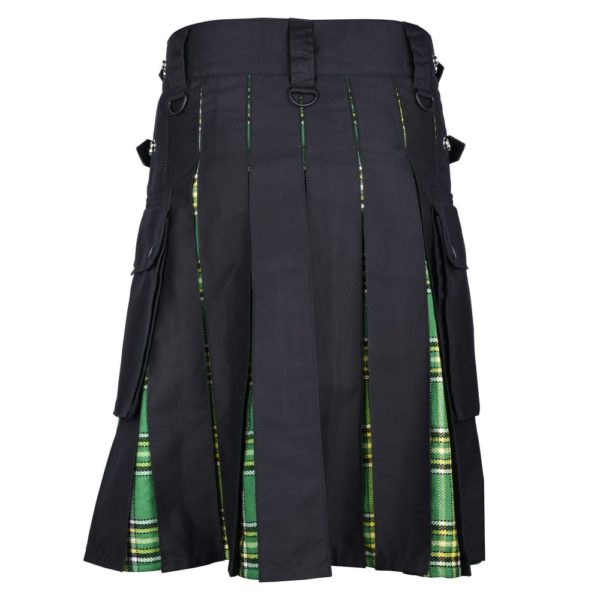 Men's Hybrid Black Cotton & Irish National Green Tartan Kilt With Leather Straps & Cargo Pockets