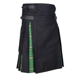 Men's Hybrid Black Cotton & Irish National Green Tartan Kilt With Leather Straps & Cargo Pockets