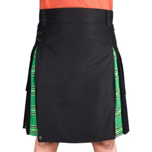 Men's Hybrid Black Cotton & Irish National Tartan Utility Kilt