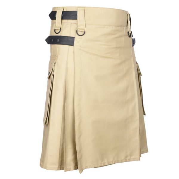 Men's Khaki Cotton Utility Kilt with Genuine Leather Straps & Cargo Pockets -