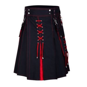 Men's Two Tone Red and Black Utility Cotton Kilt with Detachable Pockets