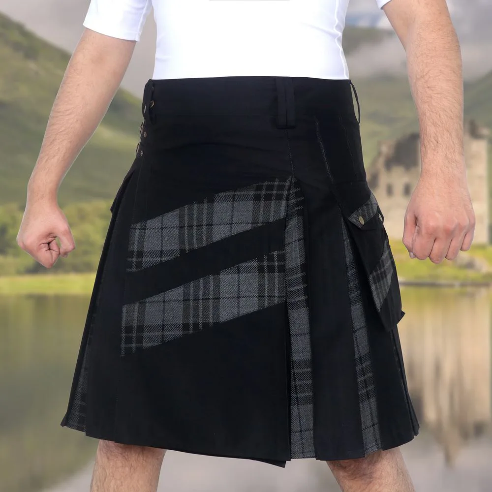 Designed by NK Scottish Designer .100% Durable Black Cotton Jeans & 13 oz Acrylic Tartan Wool Fabric. Modern Design with Cross Tartan Strips on Front Apron, Cargo Pockets & Pockets Flaps.