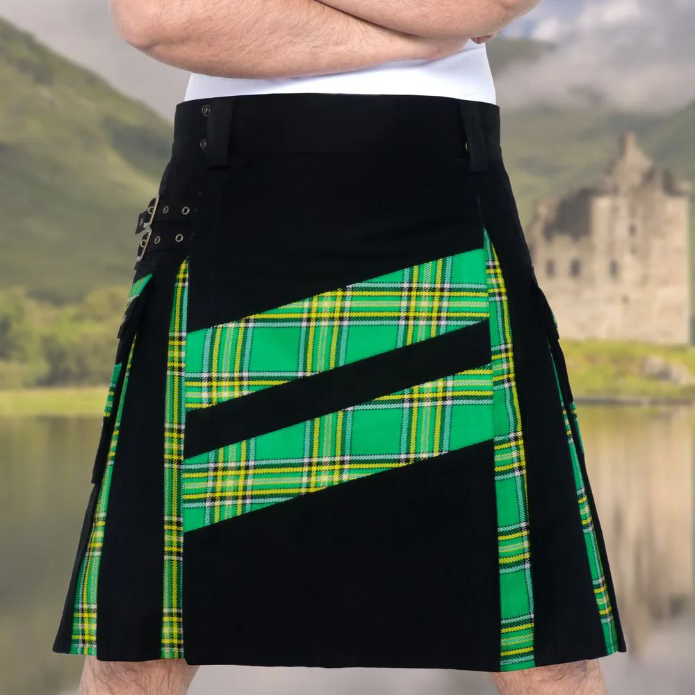 Men's Modern Hybrid Cotton Kilts Designer's Kilt , CARGO POCKETS Kilts, Irish National Flag Strip Kilts