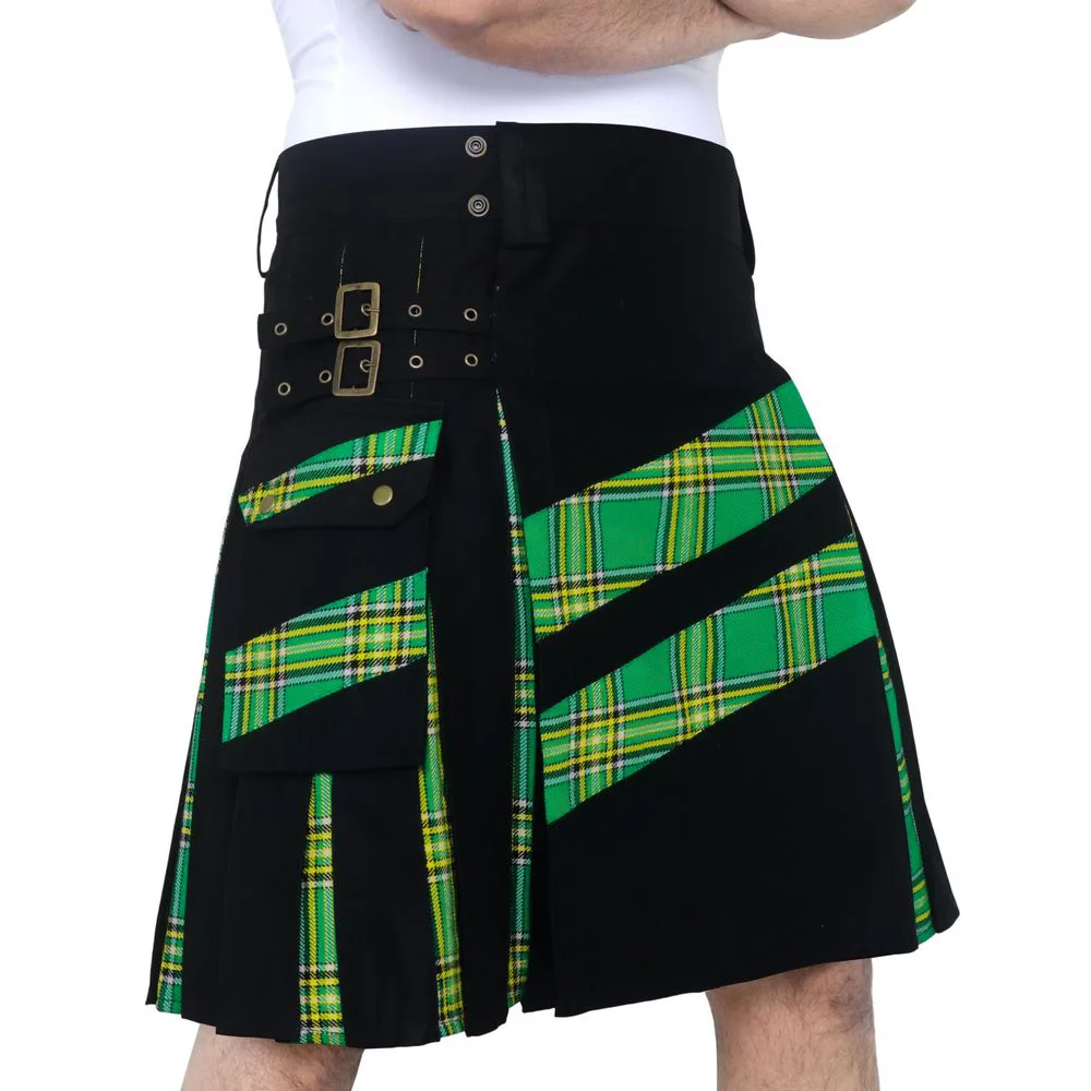 Men's Modern Hybrid Cotton Kilts Designer's Kilt , CARGO POCKETS Kilts, Irish National Flag Strip Kilts