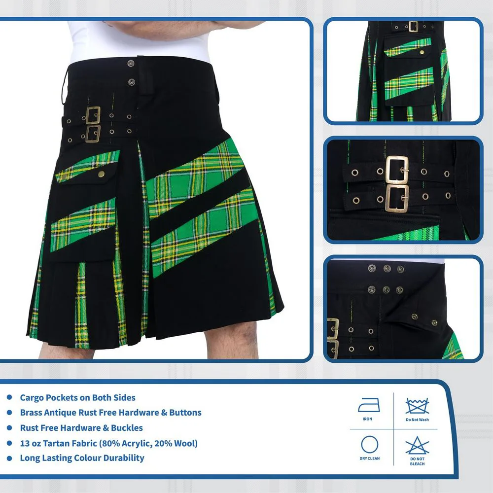 Men's Modern Hybrid Cotton Kilts Designer's Kilt , CARGO POCKETS Kilts, Irish National Flag Strip Kilts