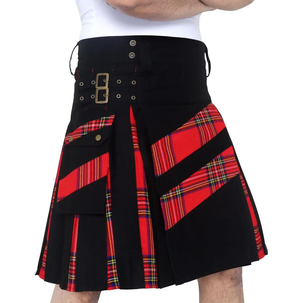 Men's Modern Hybrid Cotton Kilts Designer's Kilt , CARGO POCKETS Kilts, Royal Stewart Strip Kilts