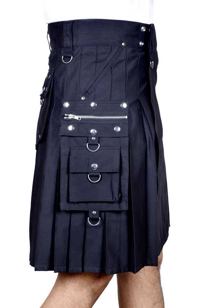 Black Cotton 8 pockets Gothic Kilt for Men - Image 2