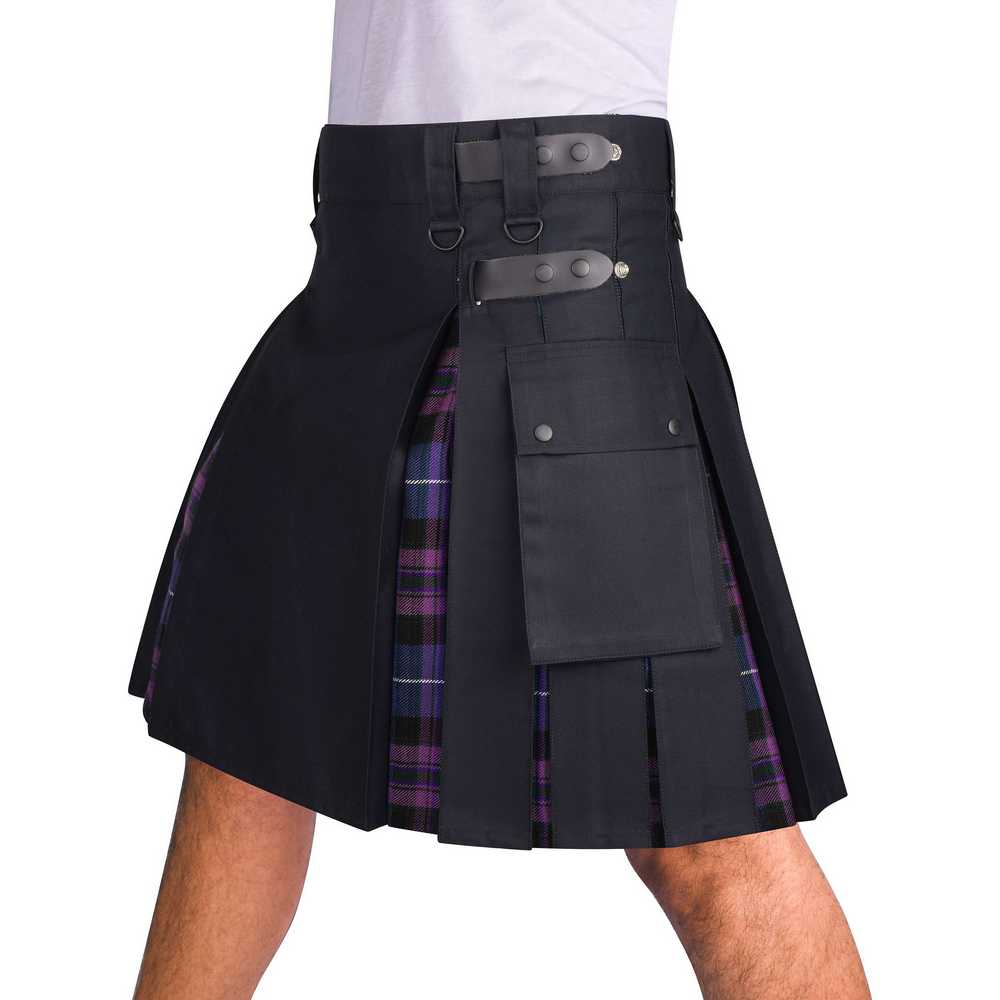 Men's Hybrid Black Cotton & Pride Of Scotland Tartan Utility Kilt Leather Straps 