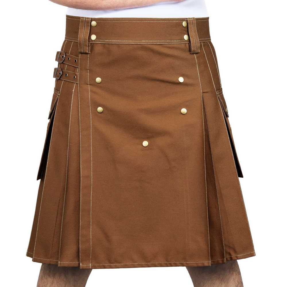 Brown Cotton with contrast Khaki Thread utility kilt for men - Image 2