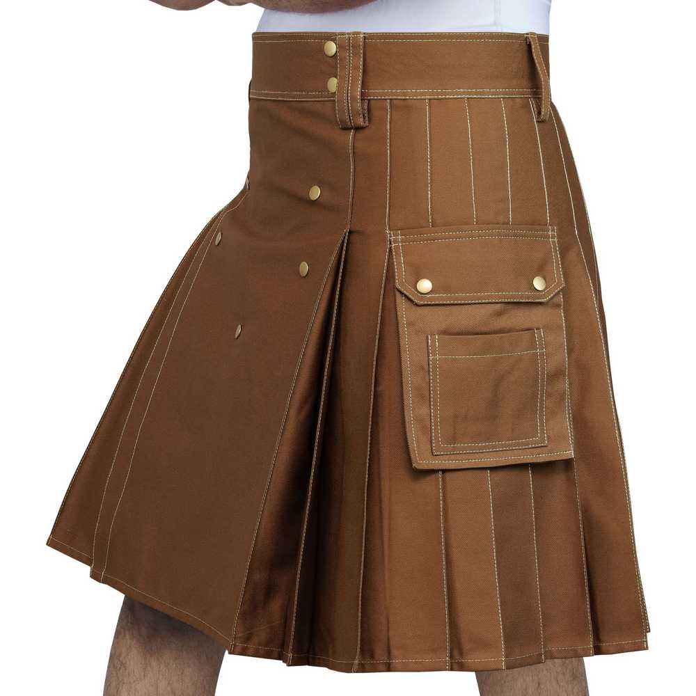 Brown Cotton with contrast Khaki Thread utility kilt for men - Image 3