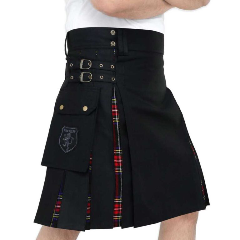 DSS KILTS Men's Hybrid Utility Kilt – Black Cotton & Tartan With Leather Straps, Cargo Pockets - View #4
