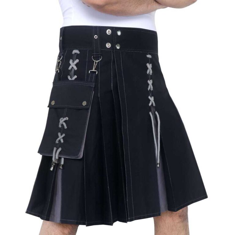 DSS KILTS Men's Hybrid Utility Kilt – Black Cotton & Tartan With Leather Straps, Cargo Pockets - View #9