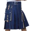 Modern Two Tone Blue & Khaki Cotton Utility kilt for men with detachable cargo pockets and unique design of X-Cross drawstring.