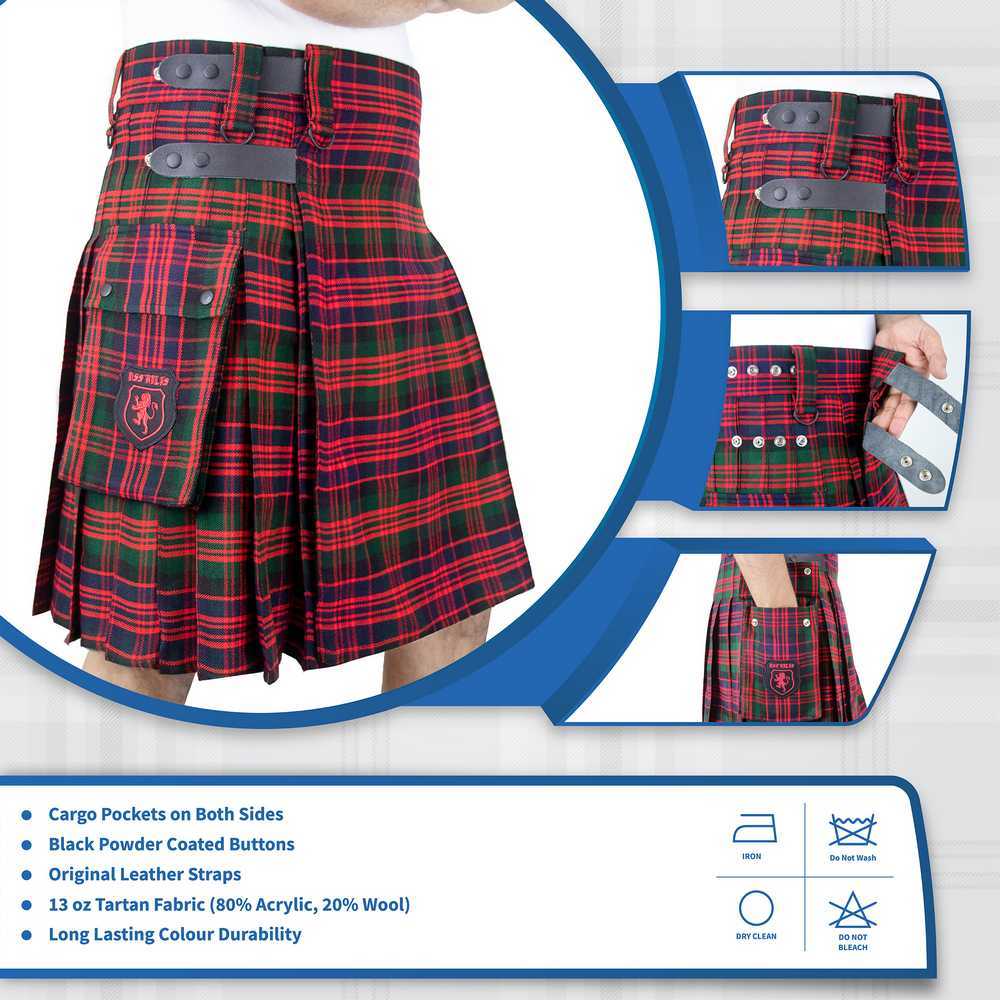 Scottish Light Weight Macdonald Tartan Utility Kilt for Men With Leather Strap & Cargo Pockets - Image 7