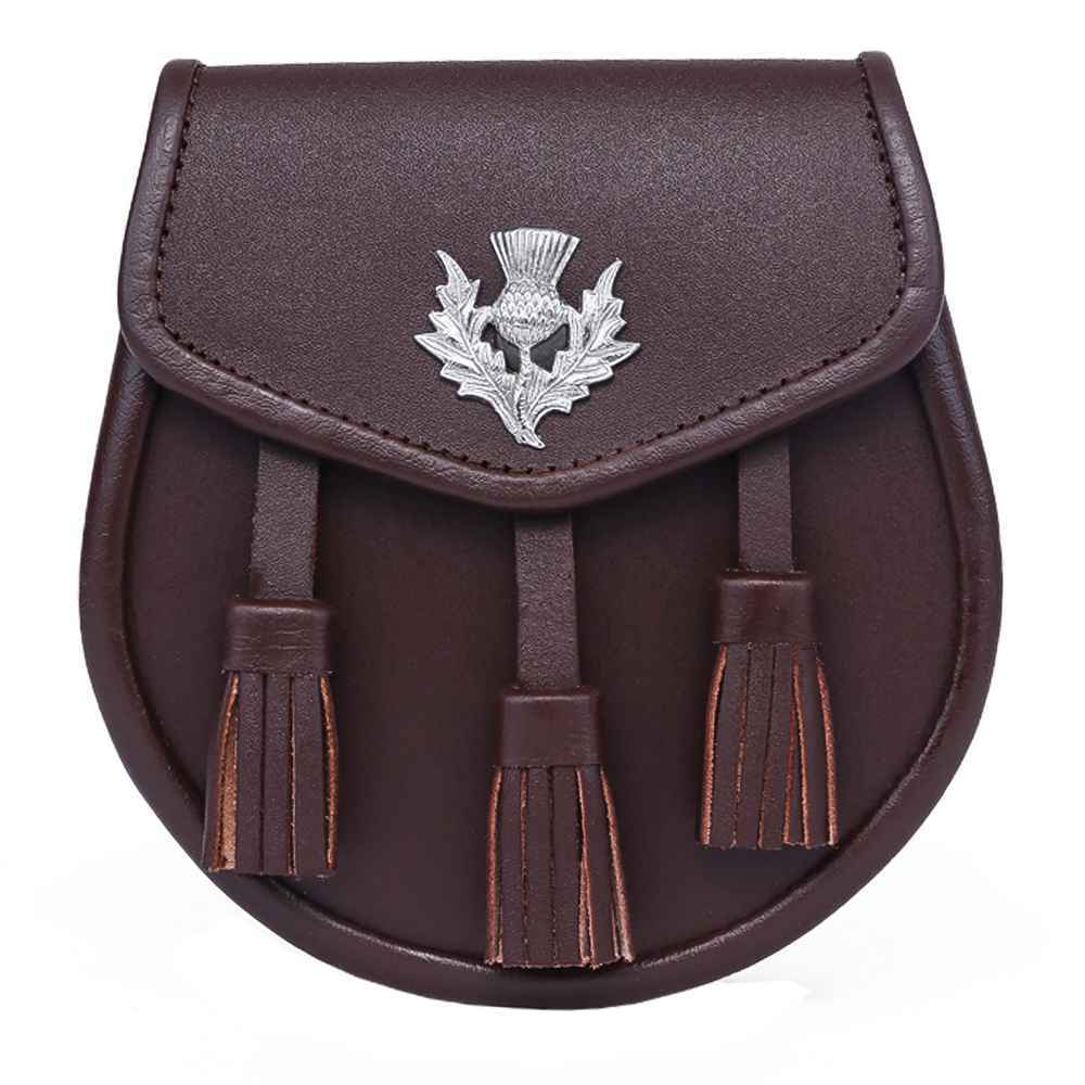 AAR Leather Sporran With Thistle Badge – Black, 3 Tassels, Chain Straps – Traditional